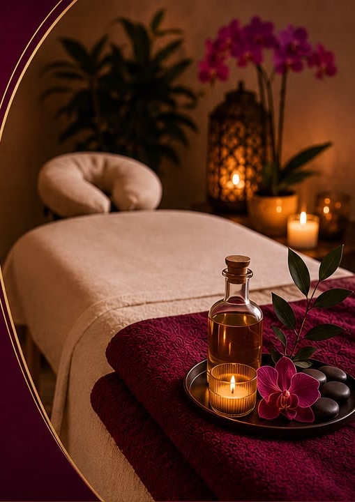 Massage table prepared with warm candlelight, oil, stones, and burgundy linens